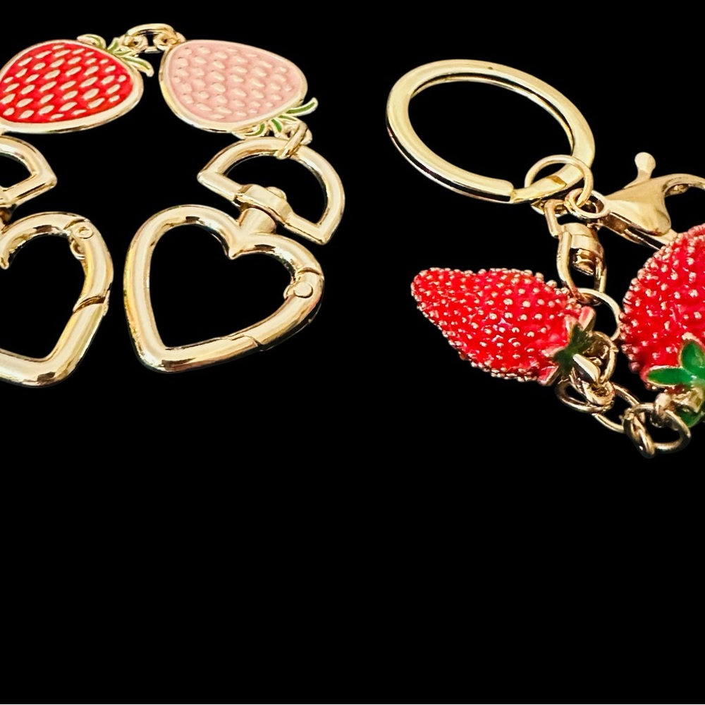 Strawberry & Hearts Bag Charm & Keychain with Red & Pink Charms Gold Chain - Picture 4 of 8